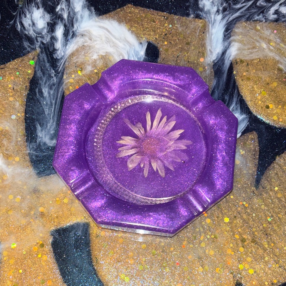 Purple Resin Ashtray with Floral Design